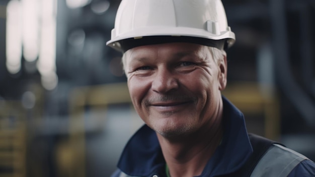 Un trabajador de fábrica sueco senior sonriente de pie en la planta de refinería de petróleo