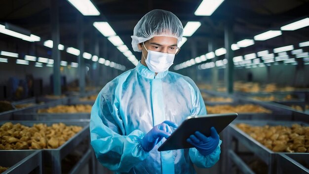 Trabajador de fábrica tecnólogo en uniforme de protección con red para el cabello y máscara controlando la producción de alimentos