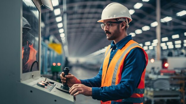 Trabajador de fábrica con uniforme y casco que opera una máquina industrial con un joystick de botón i