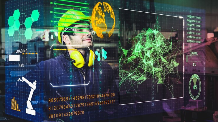 Foto el trabajador de la fábrica utiliza el dispositivo de pantalla holográfica del futuro para controlar la fabricación