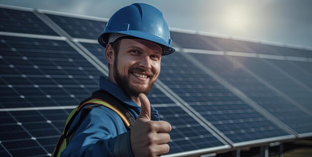 un trabajador feliz y un panel solar con un cartel de aprobación