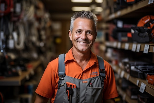 Trabajador de ferretería senior americano sonriente posando en la tienda