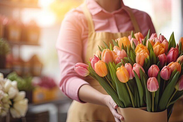 Trabajador con flores en la tienda