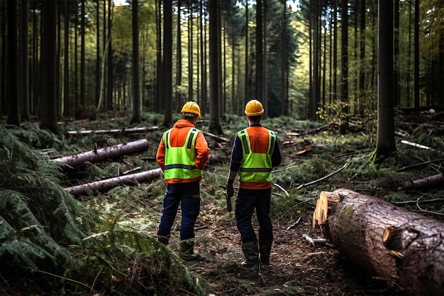 Foto trabajador forestal inspecciona el bosque y el nuevo crecimiento