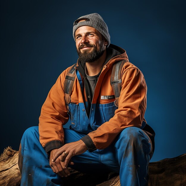 Trabajador forestal trabajador sobre un fondo azul sólido