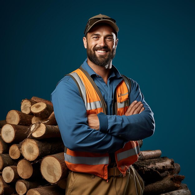 Trabajador forestal trabajador sobre un fondo azul sólido