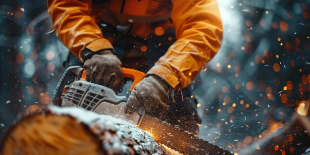 Un trabajador forestal urbano con ropa amarilla corta un árbol IA generativa