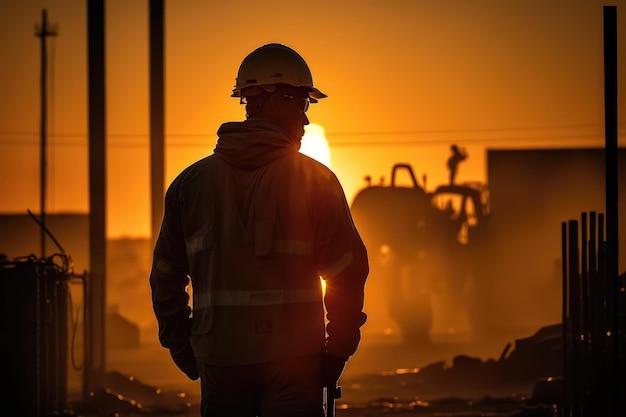 Un trabajador se para frente a una puesta de sol.