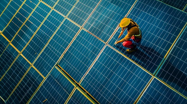 Trabajador del futuro de la energía limpia limpia paneles solares con equipos especializados en una vasta granja solar