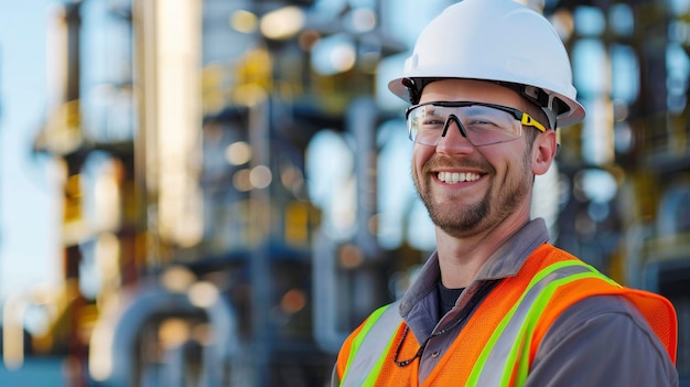 Trabajador con gafas de seguridad un casco blanco y de pie frente a una planta petroquímica