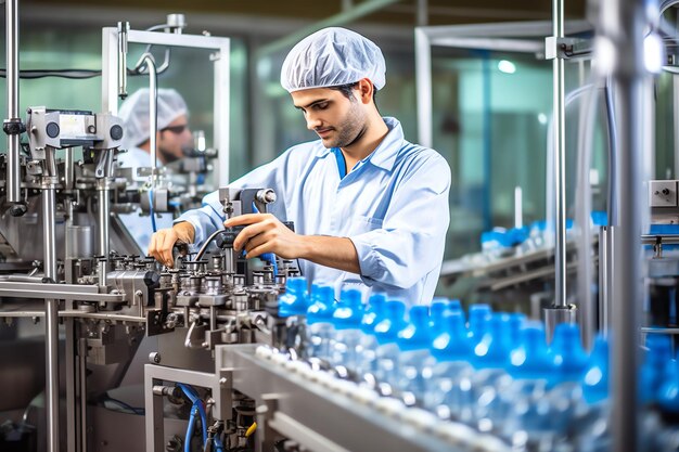 Trabajador generativo de IA que sostiene una computadora de tableta que verifica la línea de producción de la industria alimenticia de la fábrica de productos lácteos