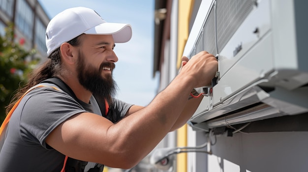 Trabajador con gorra blanca al aire libre instalando aire acondicionado o bomba de calor al aire libre en verano