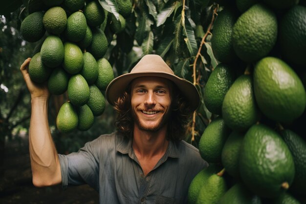 Trabajador granjero hombre árbol de aguacate Generar Ai