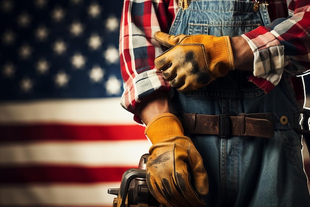 Trabajador con guantes de cinturón de herramientas medida encarna el espíritu del Día del Trabajo contra la bandera de los Estados Unidos