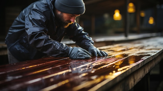 Trabajador con guantes de protección en una terraza de madera pintada