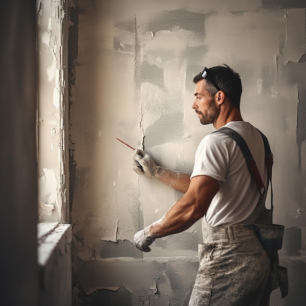 Trabajador hábil que enluce una pared con un mono