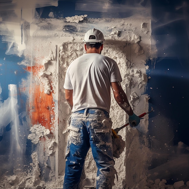 Trabajador hábil que enluce una pared con un mono