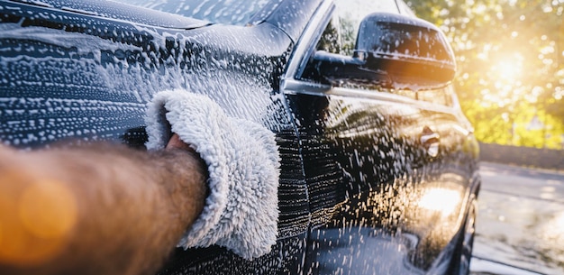 Trabajador hombre lavando SUV negro con esponja en un lavado de autos.