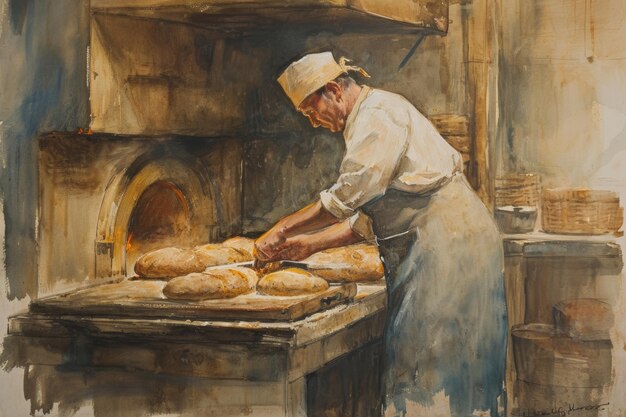 un trabajador del horno preparando varios panes