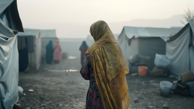 Foto un trabajador humanitario ayudando a los refugiados en una región asolada por la guerra