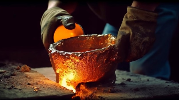 Foto trabajador de ia generativa vertiendo metal líquido en un crisol