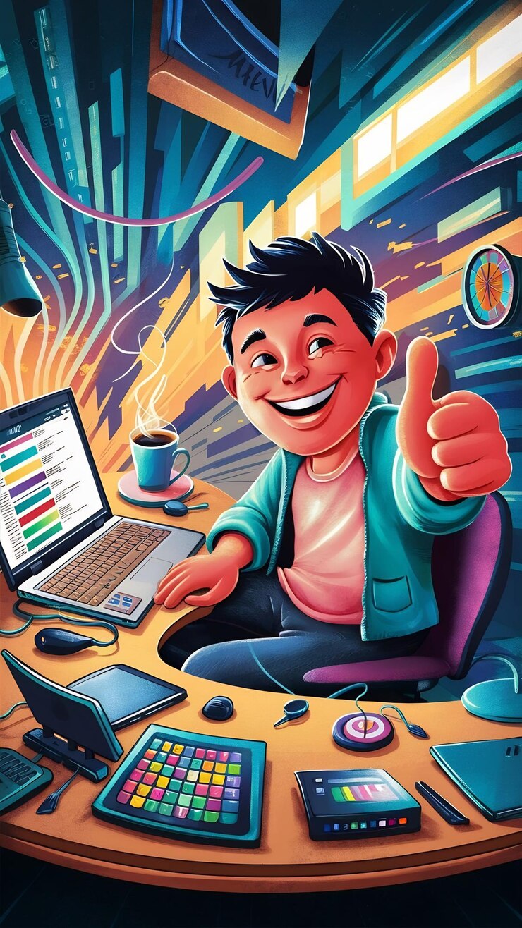 Foto un trabajador independiente feliz mostrando el pulgar hacia arriba en el escritorio