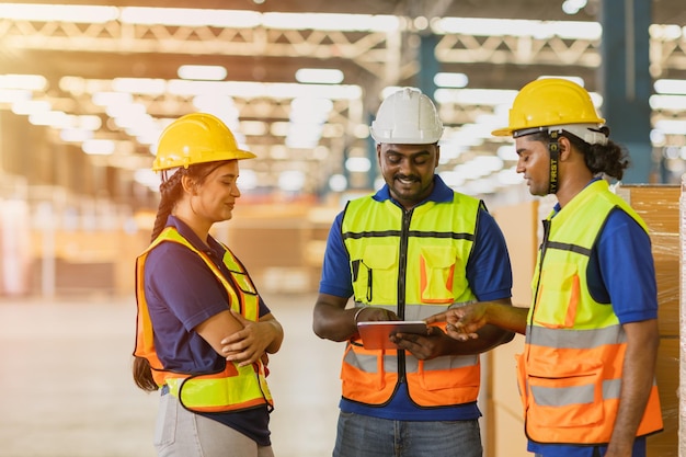 Trabajador indio trabajo en equipo masculino trabajando con mujeres ingenieras hablando juntas en un almacén de fábrica más grande sonrisa feliz