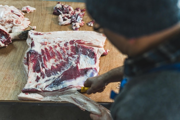 Trabajador de la industria de la carne cruda vista trasera de la carne de cerdo del matadero