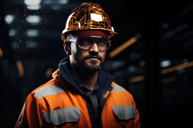 Trabajador de la industria con chaleco de seguridad y casco