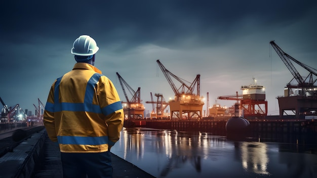 Trabajador de la industria con chaqueta de seguridad y casco en el puerto.