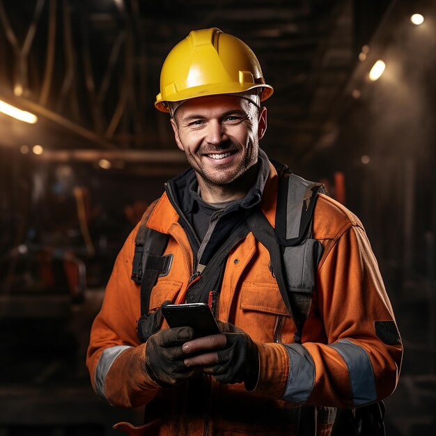 Trabajador de la industria PhoneinHand en el sitio de construcción de metal