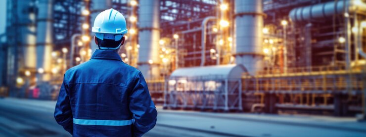 Trabajador de la industria química está de espaldas a la cámara en un complejo industrial IA generativa