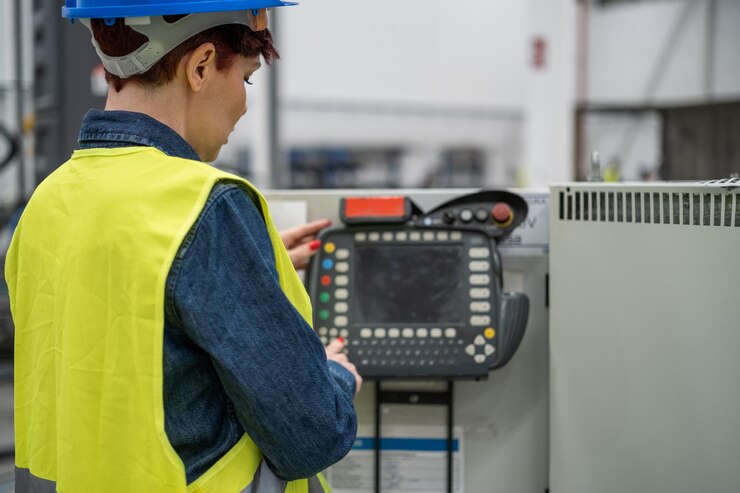 Foto un trabajador en la industria de la robótica poniendo el sistema de trabajo a trabajar