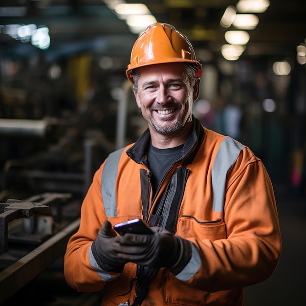 Trabajador de la industria con teléfono en el sitio de construcción de metal