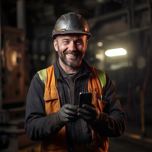 Trabajador de la industria con teléfono en el sitio de construcción de metal