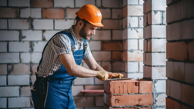 Trabajador industrial albañil que instala mampostería de ladrillo con cuchillo de masilla de paleta en el sitio de construcción