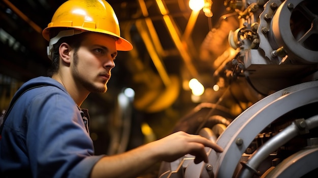Trabajador industrial con casco que inspecciona la maquinaria