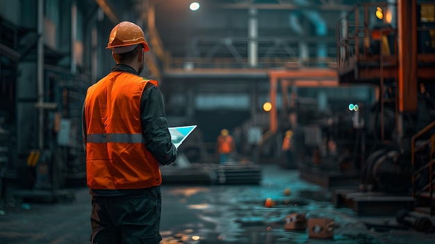 Trabajador industrial con chaleco de alta visibilidad evaluando el piso de la fábrica con una tableta digital Inspección de seguridad en la planta de fabricación Ingeniero monitoreando la línea de producción IA