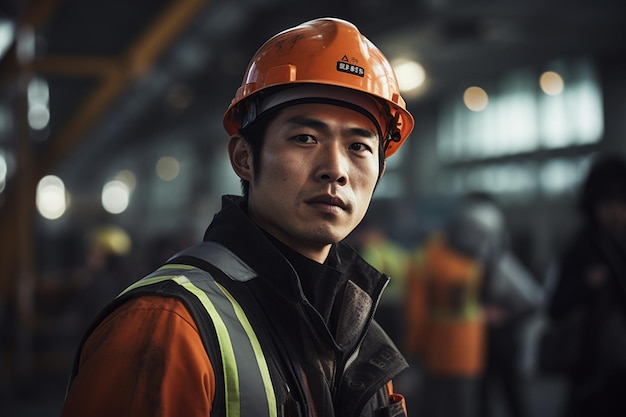 Un trabajador industrial coreano con chaleco de seguridad y casco colabora en un proyecto.