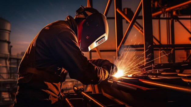 Foto trabajador industrial cortando y soldando metal con muchas chispas afiladas