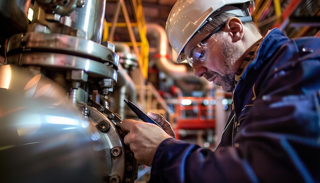 Trabajador industrial inspeccionando una planta de maquinaria