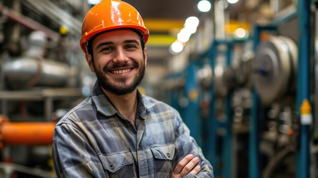 Trabajador industrial en el interior de la fábrica Joven técnico con casco naranja