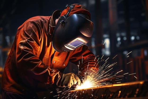 Trabajador industrial con máscara de protección soldando metal en la fábrica Concepto de metalurgia y construcción industrial