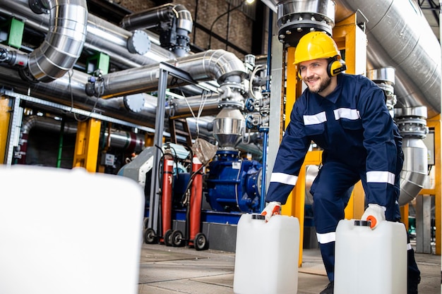 Trabajador industrial petroquímico que transporta botes con productos químicos dentro de la planta de producción de refinería