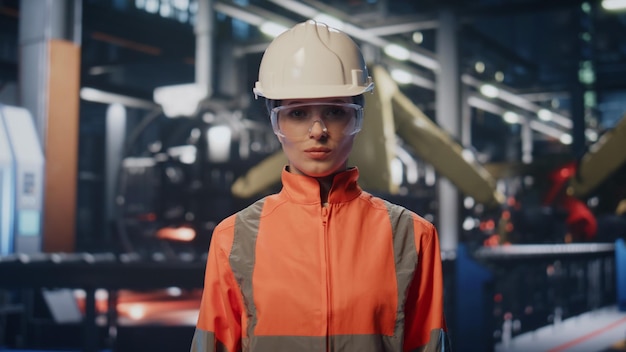 Trabajador industrial serio posando en una fábrica con gafas de casco de cerca