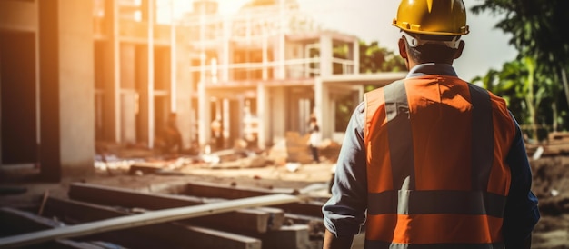 Foto trabajador de ingeniería de construcción de pie mirando hacia atrás en la construcción de la casa en un día soleado