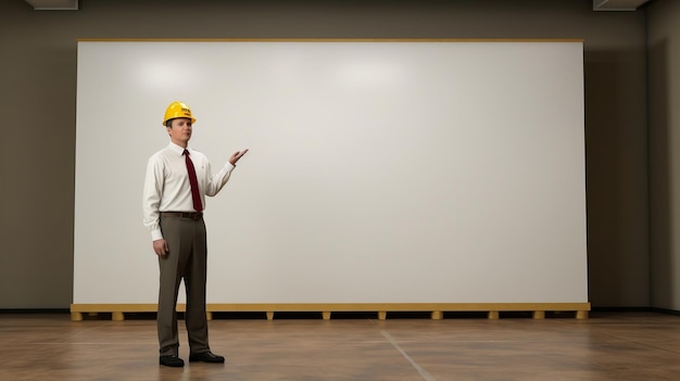 Trabajador ingeniero alto y seguro frente a una pizarra blanca dando una conferencia