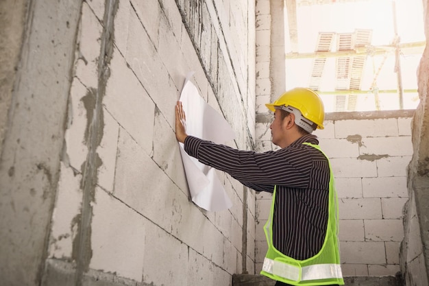 Trabajador ingeniero profesional en casco protector trabajando en el sitio de construcción de edificios de viviendas