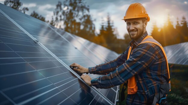 Trabajador ingeniero que examina o instala un sistema de paneles solares al aire libre