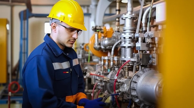 Foto trabajador de ingeniero de servicio mecánico en la industria con estación de compresor de control tecnología generativa de ia